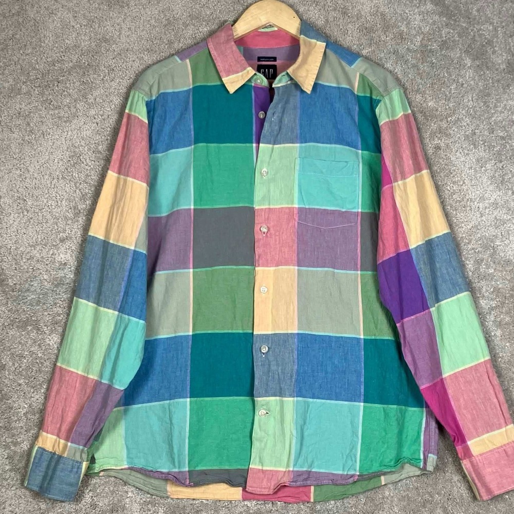 Vintage Gap Madras Shirt Mens Large Multicolor Plaid Linen Blend Long Sleeve